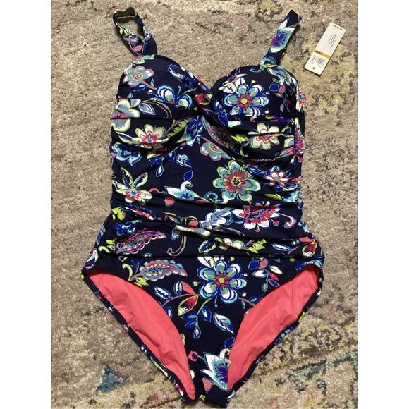 New. Anne Cole Navy floral bandeau swimsuit. 16W - Picture 5 of 9